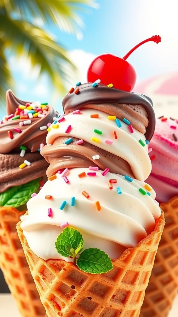 Delicious Ice Cream Recipe A delicious waffle cone filled with colorful scoops of ice cream topped with sprinkles and a cherry.